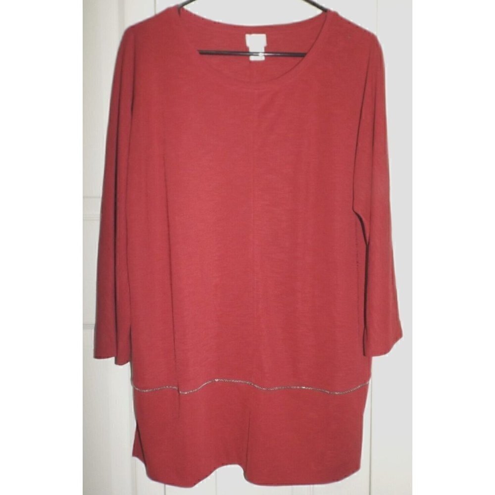 Chico's L (2) Cranberry Red Long Sleeve Tunic Beaded Trim Easy Care
